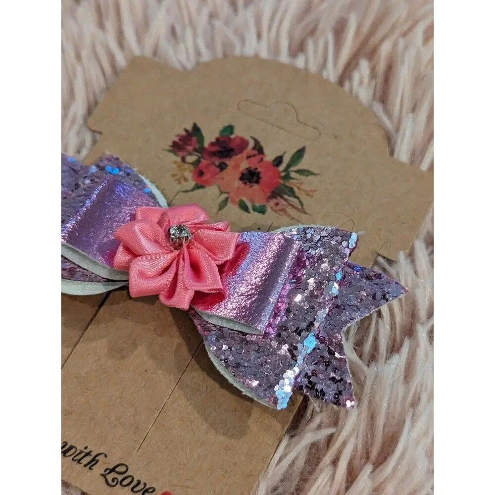 Beautiful pink glittery shimmer hair bow brand new barrette clip